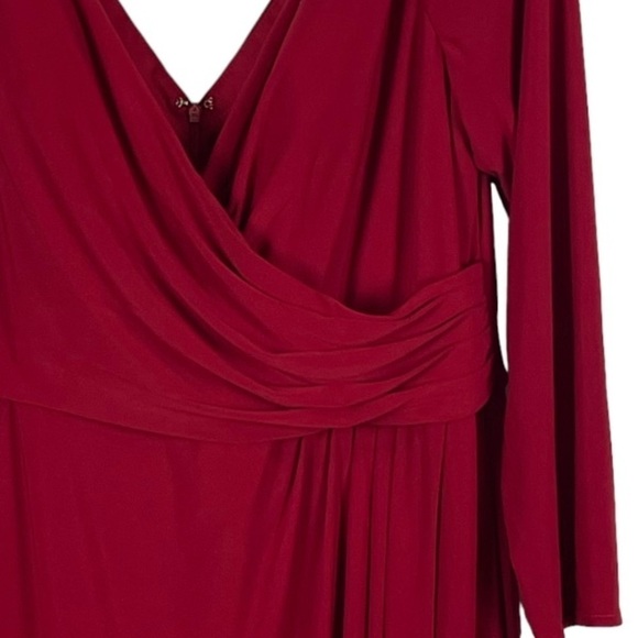 LA FEMME 29044 RED LONG SLEEVE STRETCH FAUX WRAP SURPLICE THIGH HIGH SLIT GOWN - Picture 12 of 14